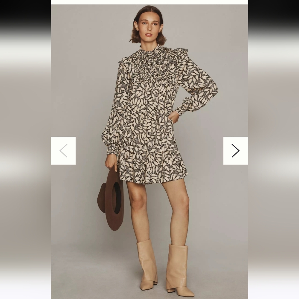 By Anthropologie Long-Sleeve Printed Smocked Mini Dress